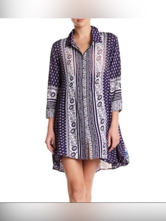 Anthropologie by Cyrena Dresses & Skirts - Anthropologie by Cyrena Boho Purple Printed Button-Front Mini Shirt Dress Size L